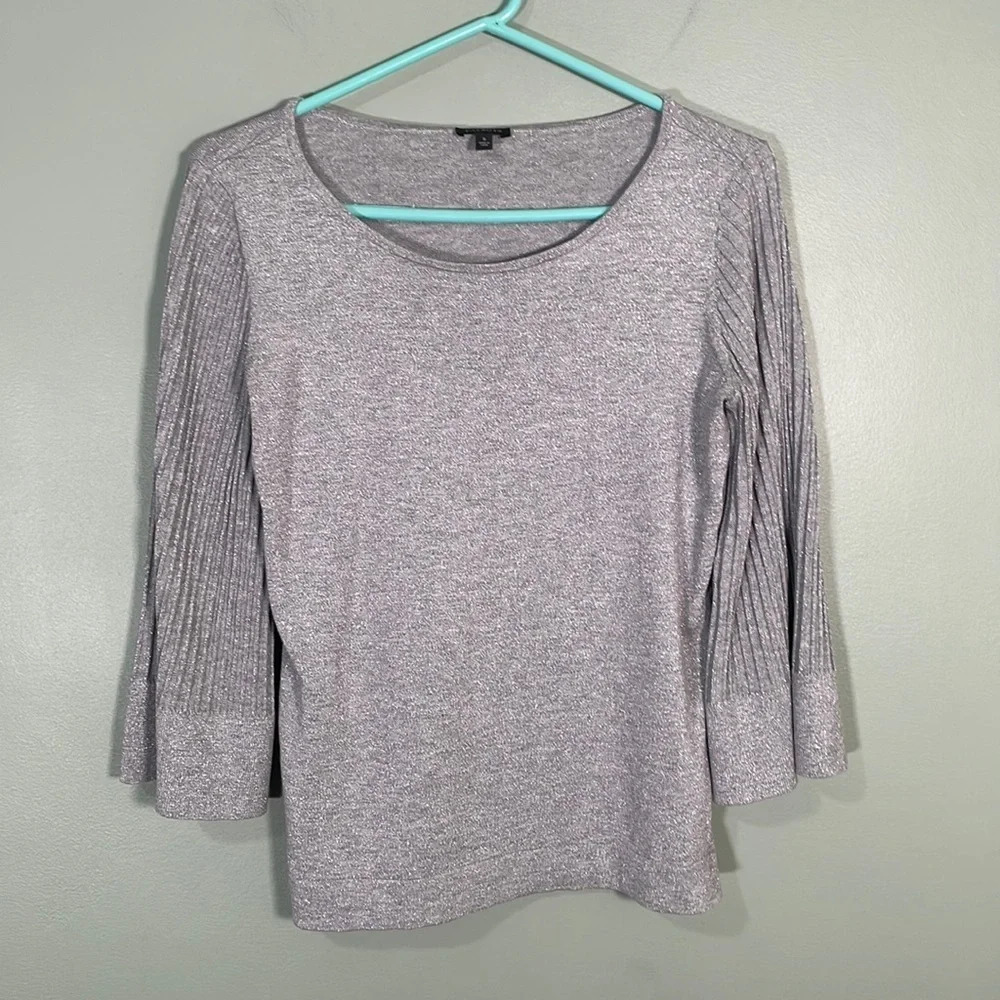 Talbots Metallic Silver Ribbed Long Bell Sleeves Pullover Knit Blouse size Small